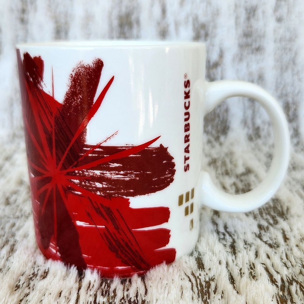 Starbucks 2014 Holiday Christmas "Red Burst Floral" White Gold Coffee Mug Cup